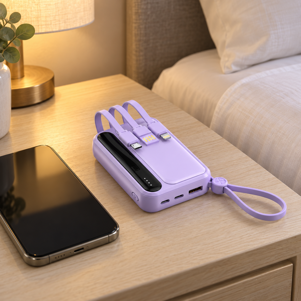 🔋 Power Bank | Lavender Shell | Outdoors | Travelers | Built-In Cables