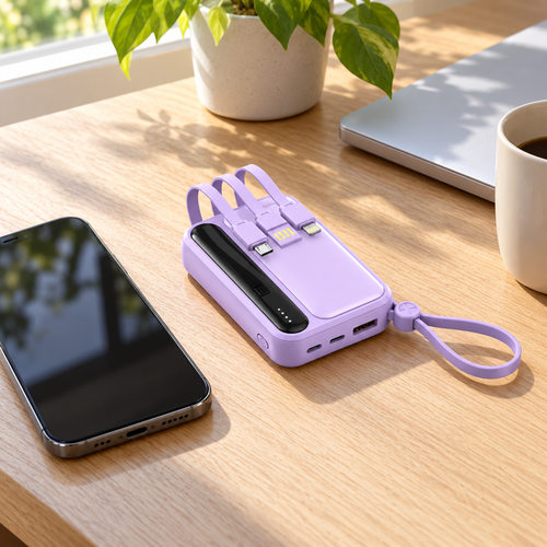 🔋 Power Bank | Lavender Shell | Outdoors | Travelers | Built-In Cables