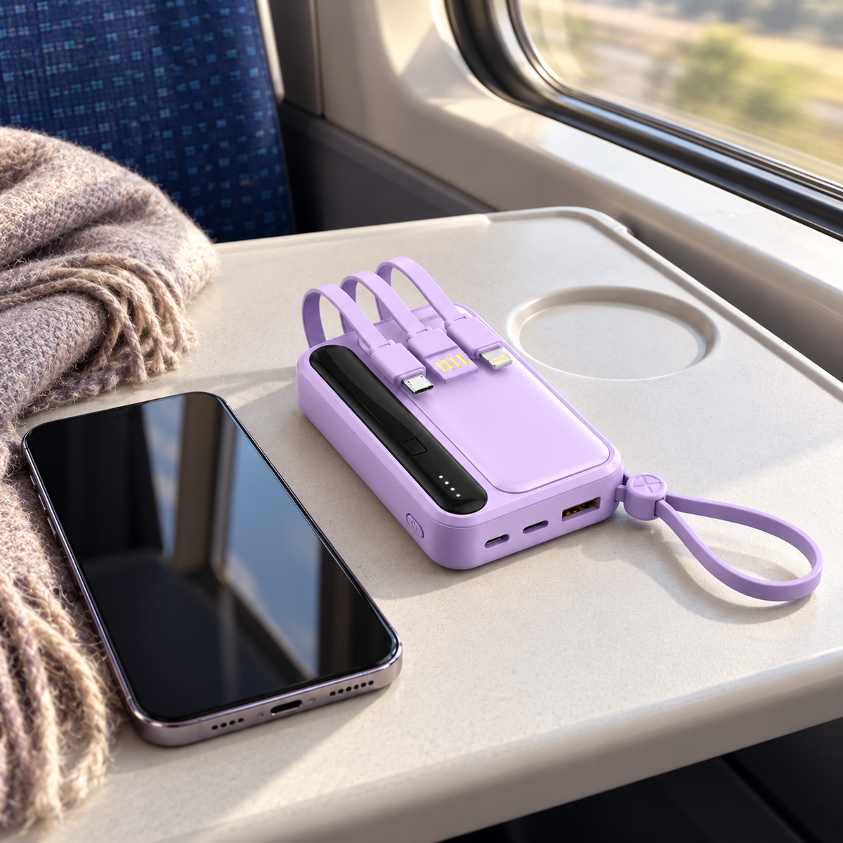 🔋 Power Bank | Lavender Shell | Outdoors | Travelers | Built-In Cables