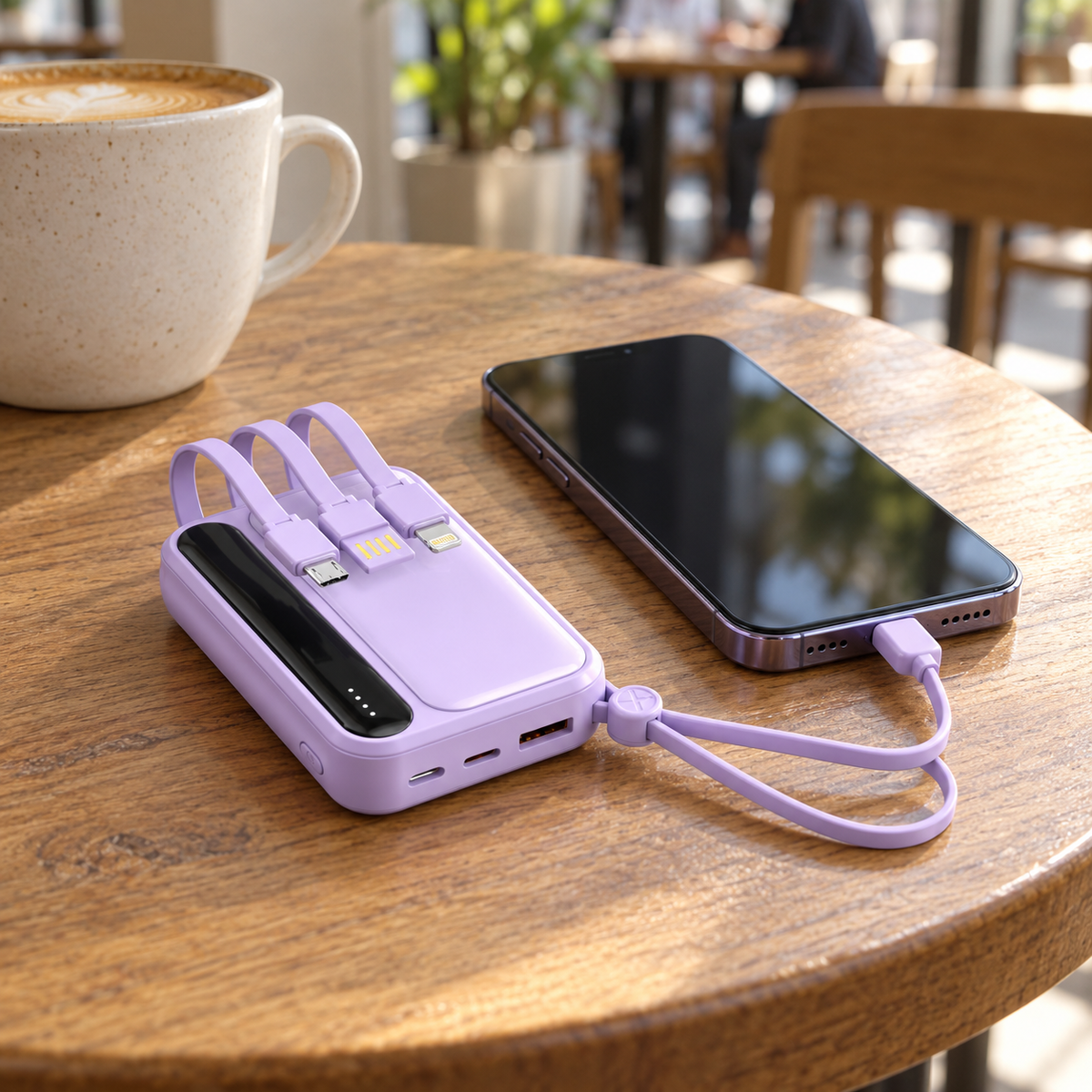 🔋 Power Bank | Lavender Shell | Outdoors | Travelers | Built-In Cables