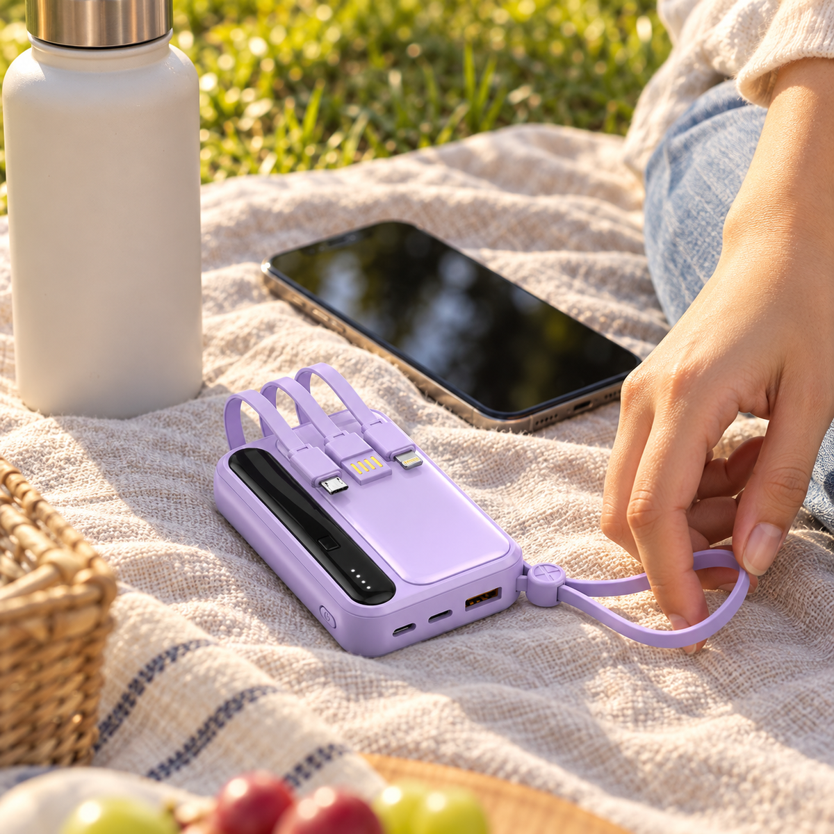 🔋 Power Bank | Lavender Shell | Outdoors | Travelers | Built-In Cables