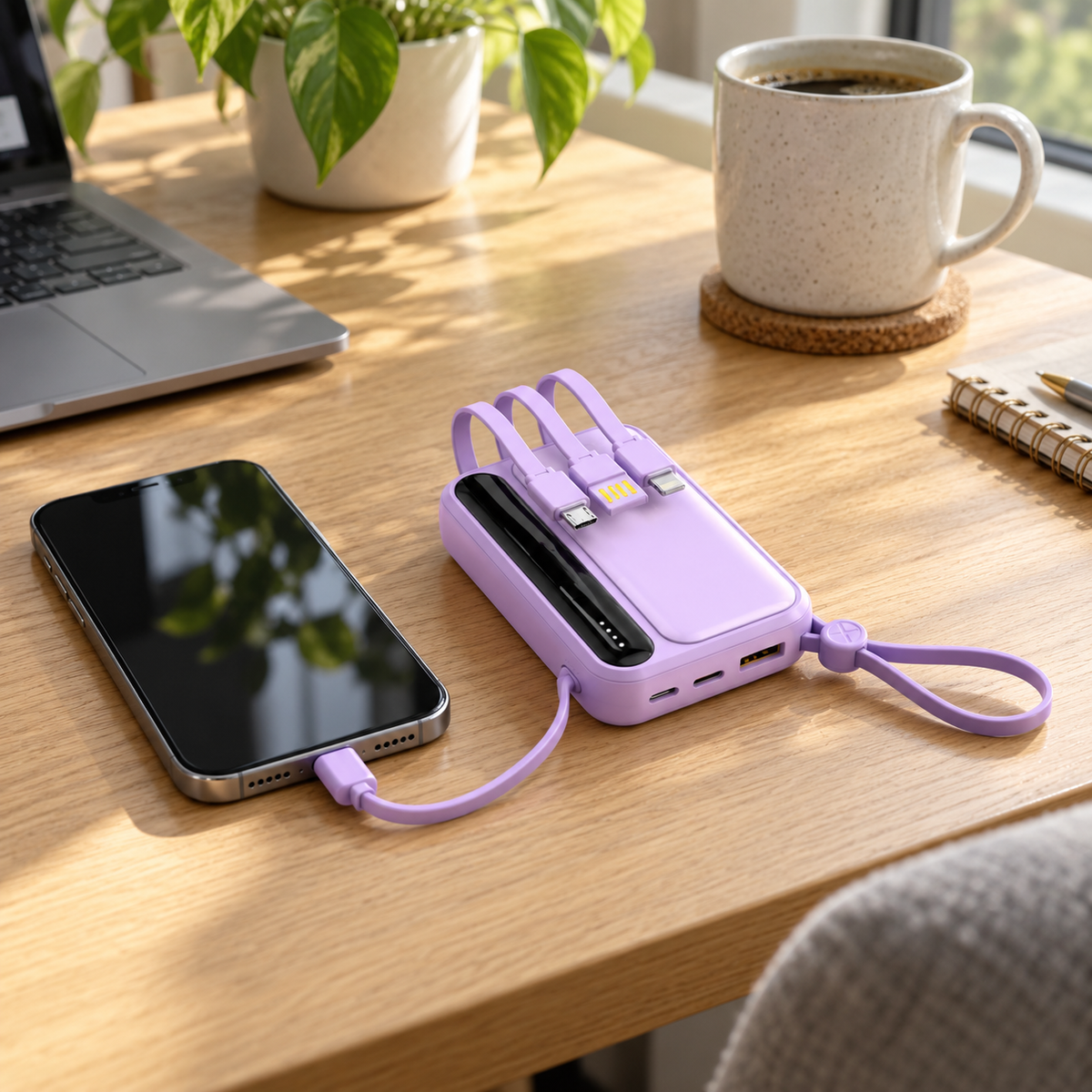 🔋 Power Bank | Lavender Shell | Outdoors | Travelers | Built-In Cables
