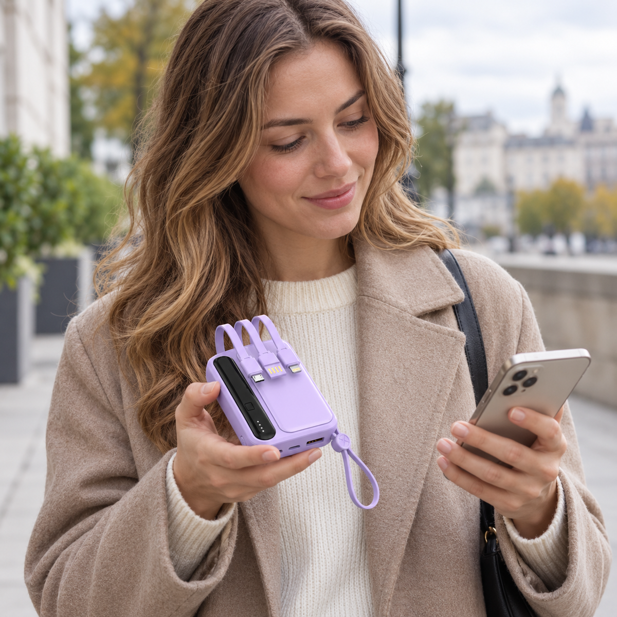 🔋 Power Bank | Lavender Shell | Outdoors | Travelers | Built-In Cables