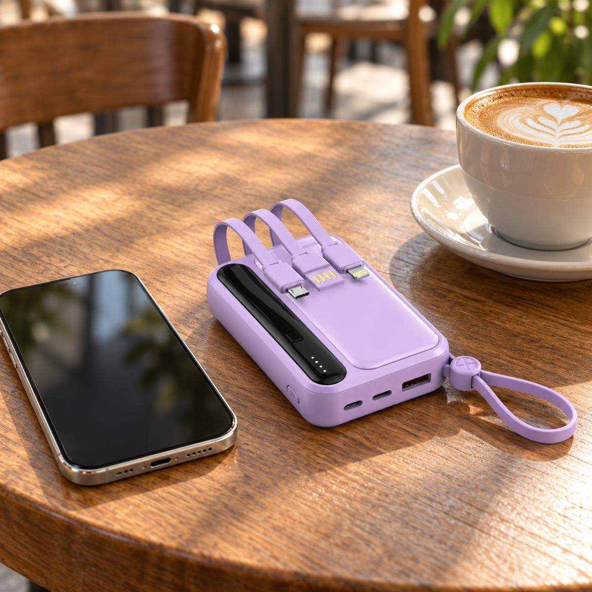 🔋 Power Bank | Lavender Shell | Outdoors | Travelers | Built-In Cables